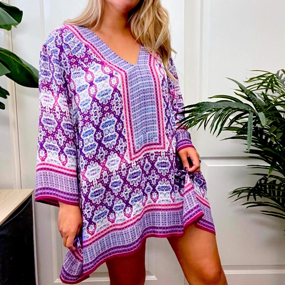 Rose + Olive Women’s Plus Size Boho Medallion Pink Purple Blouse- 3X